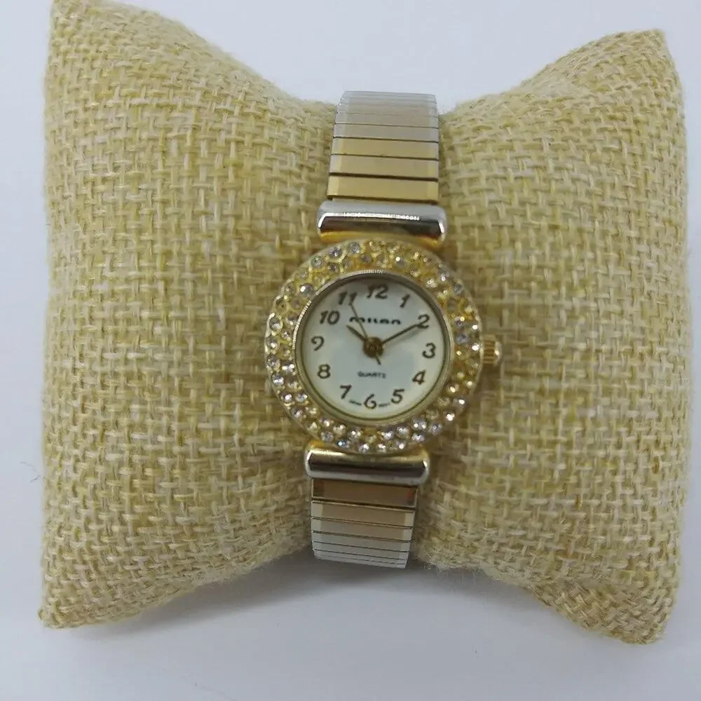 Vintage Milan Womens Gold Tone Stretch Bracelet Wristwatch with Rhinestones
